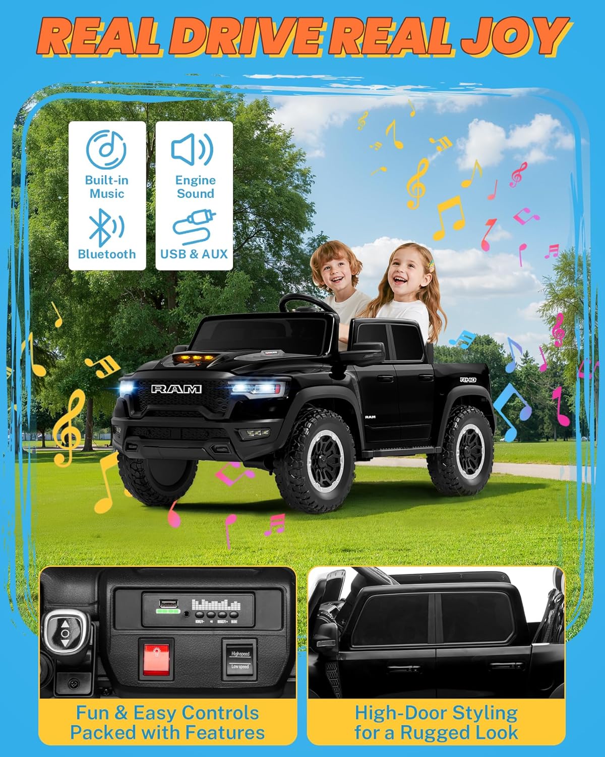 ENYOPRO 24V Ride on Toys for Big Kids, Licensed RAM 1500 RHO 2 Seater Toddlers Ride on Car w/Remote Control, Kids Electric Car w/Truck Bed Storage, Real Tailgate, Music, LED Lights (Black - High Door)