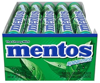 Mentos Candy Chewy Mint Rolls, Spearmint, Non Melting, Party, Concessions, Non Melting, 14 Pieces (Bulk Pack of 15)