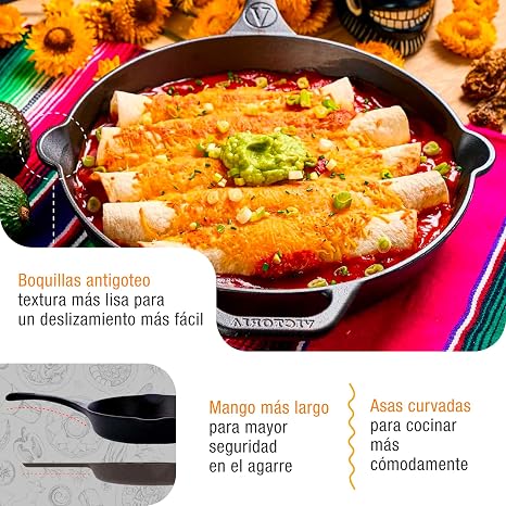 Victoria 10-Inch Day of the Dead La Catrina Cast Iron Skillet, Dia de los Muertos Seasoned Cast Iron Frying Pan with Long Handle, Made in Colombia