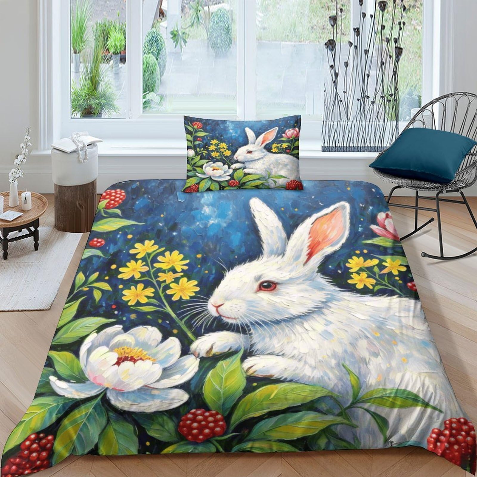 WXLWHR Funda Nórdica Conejo Microfibra Juego De Funda De Edredón Conejo Blanco Peonía con Cremallera Y Fundas Almohada para Niños Y Niñas, Single（135x200cm）
