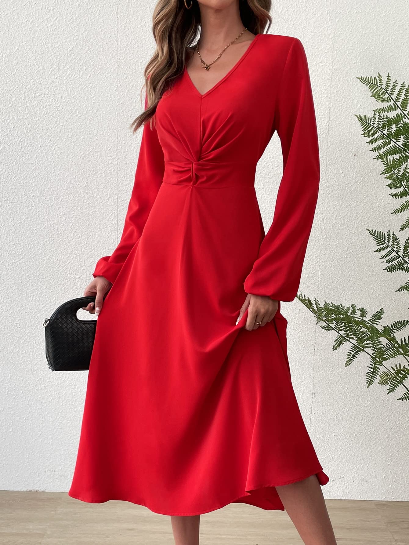 RASNEY Women's Red Dress Twist Front Lantern Sleeve Dress Size 12 Length 46.5 inches at Amazon Women's Clothing store RASNEY Women's Red Dress Twist Front Lantern Sleeve Dress Size 12 Length 46.5 inches at Amazon Women's Clothing store