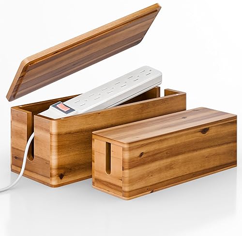 Acacia - Caja grande para organizar cables, juego de 2 cajas de cables para el hogar, oficina, caja protectora de sobretensiones para cables de TV,
