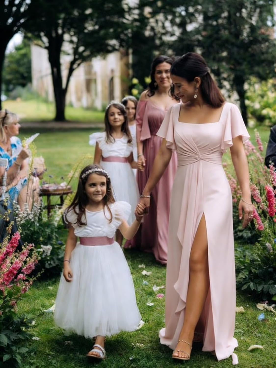 Flutter Sleeves Ruffles Chiffon Bridesmaid Dresses for Women Square Neck Ruched Formal Evening Gowns with Slit