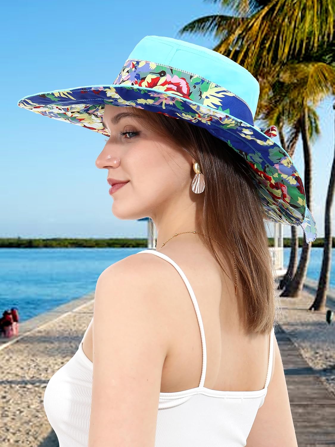 Womens Wide Brim Sun Hat Reversible Print UV Protection Oversized Beach Cap Travel UPF 50+ - Image 7