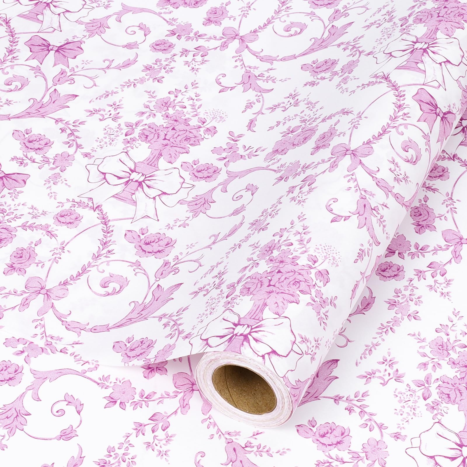 LaRibbons Pink Bow Floral Wrapping Paper Roll – 17 inch x 33 feet, Vintage Toile Stone Paper Design for Wedding, Baby Girl Shower, Bridal Gift Wrap, Valentine's Day, Christmas