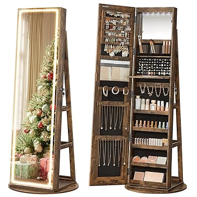 SONGMICS LED Jewelry Cabinet Standing, Lockable Armoire With Full-Length Mirror and Adjustable Lights, Space-Saving Organizer, Christmas Gifts for Women, Gift Idea, Rustic Brown UJJC008X01