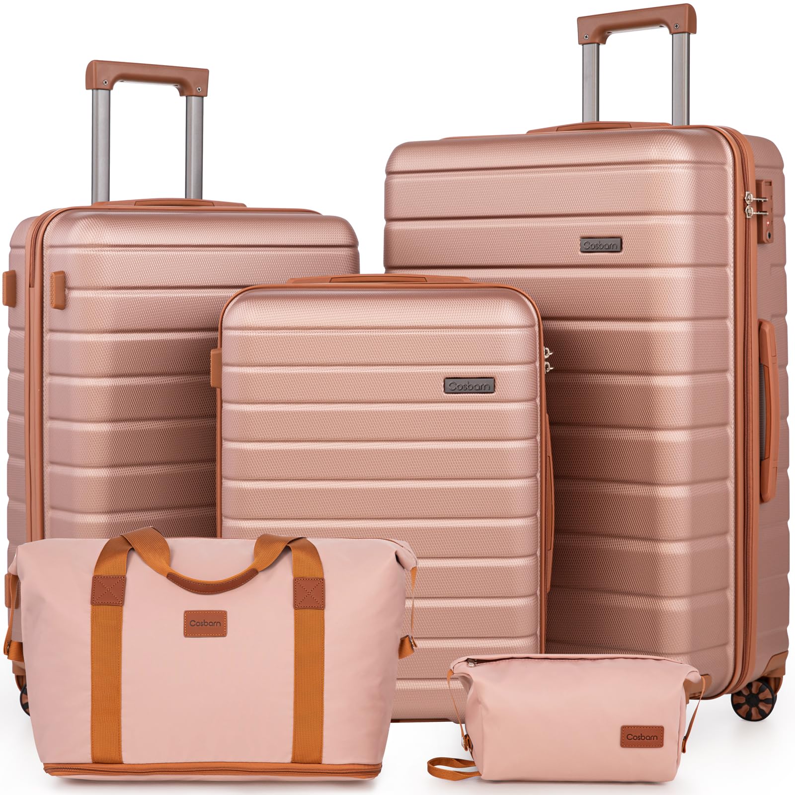 5 Piece Luggage Sets with Spinner Wheels and TSA Lock, Unisex Hardside ABS Suitcase Set, Hardshell Lightweight Waterproof Travel Hard Case Luggage Set, RoseGold