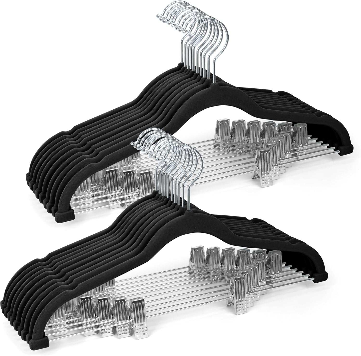 Sishynio 20 Pack Velvet Pants Hangers with Adjustable Clips, Heavy Duty Slim Non-Slip Flocked Hangers, Space-Saving Felt Clothes Hangers for Pants, Skirts, Jeans, and Dresses(Black)