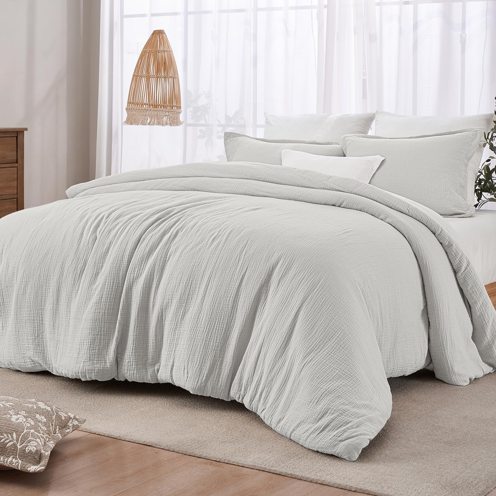 phf cotton muslin comforter set queen - 100% cotton cover, ultra soft & breathable, 3pcs lightweight all-season bedding with polyester fill, 1 comforter 90"x90" & 2 pillow shams 20"x26", light grey
