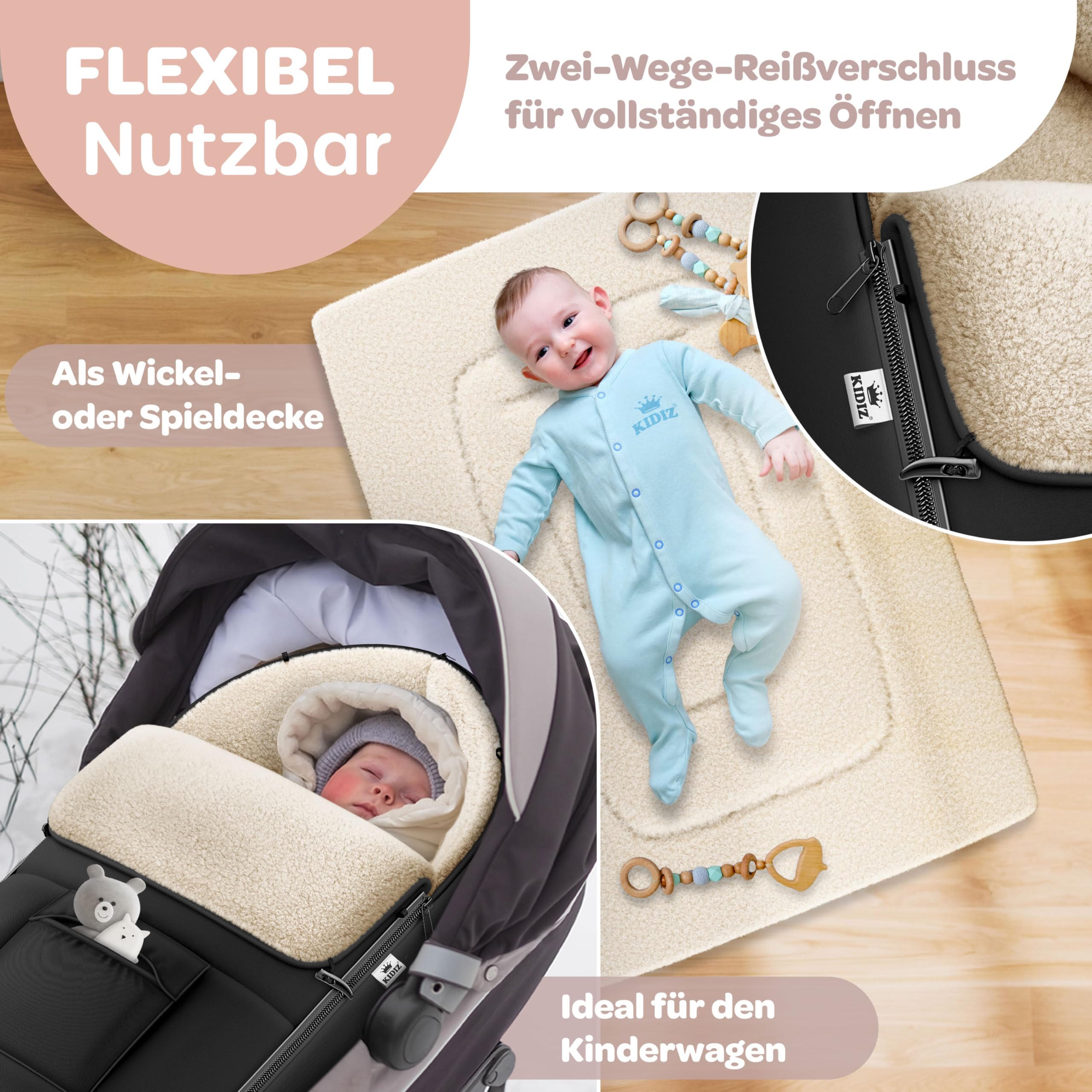 Kidiz Babyfußsack Winterfußsack Kinderwagen Universal Lammfleece wasserdicht winddicht 3- & 5-Punkt-Gurt Schwarz