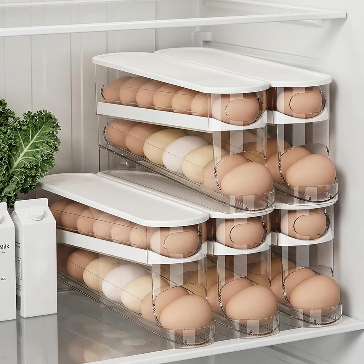 Auto-Rolling Egg Dispenser with Lid, Transparent, 1 Pack | Fridge Egg Organizer, Space-Saving, Slide Design for Side Door, Stackable, Easy Access