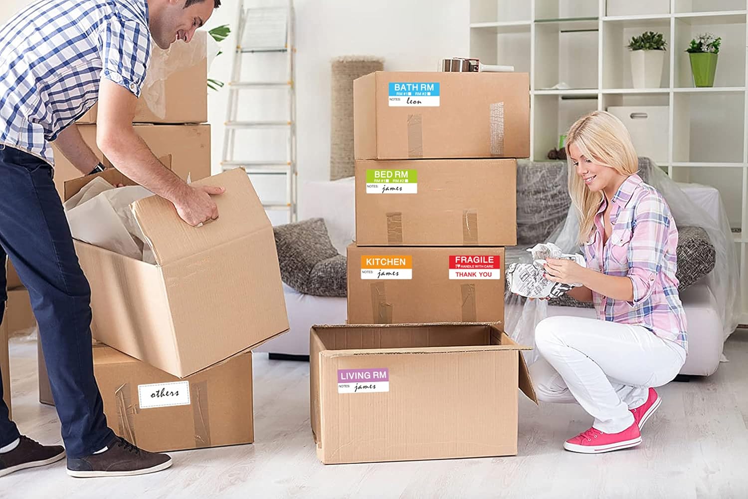 Hybsk 42x90mm Large Home Moving Labels for Boxes Apartment Moving Helper 6 Different Packing Fragile Labels Blank Furniture Labels (20 Sheets, 120pcs) - Image 4