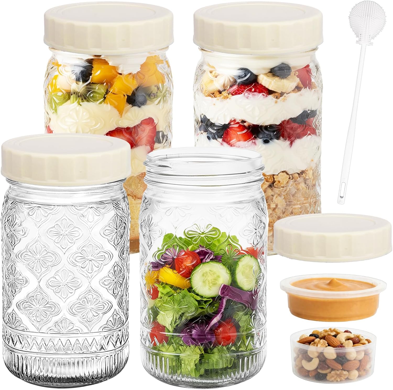 32oz Wide Mouth Salad Jars 4-Pack with Dressing Containers & Plastic Lids