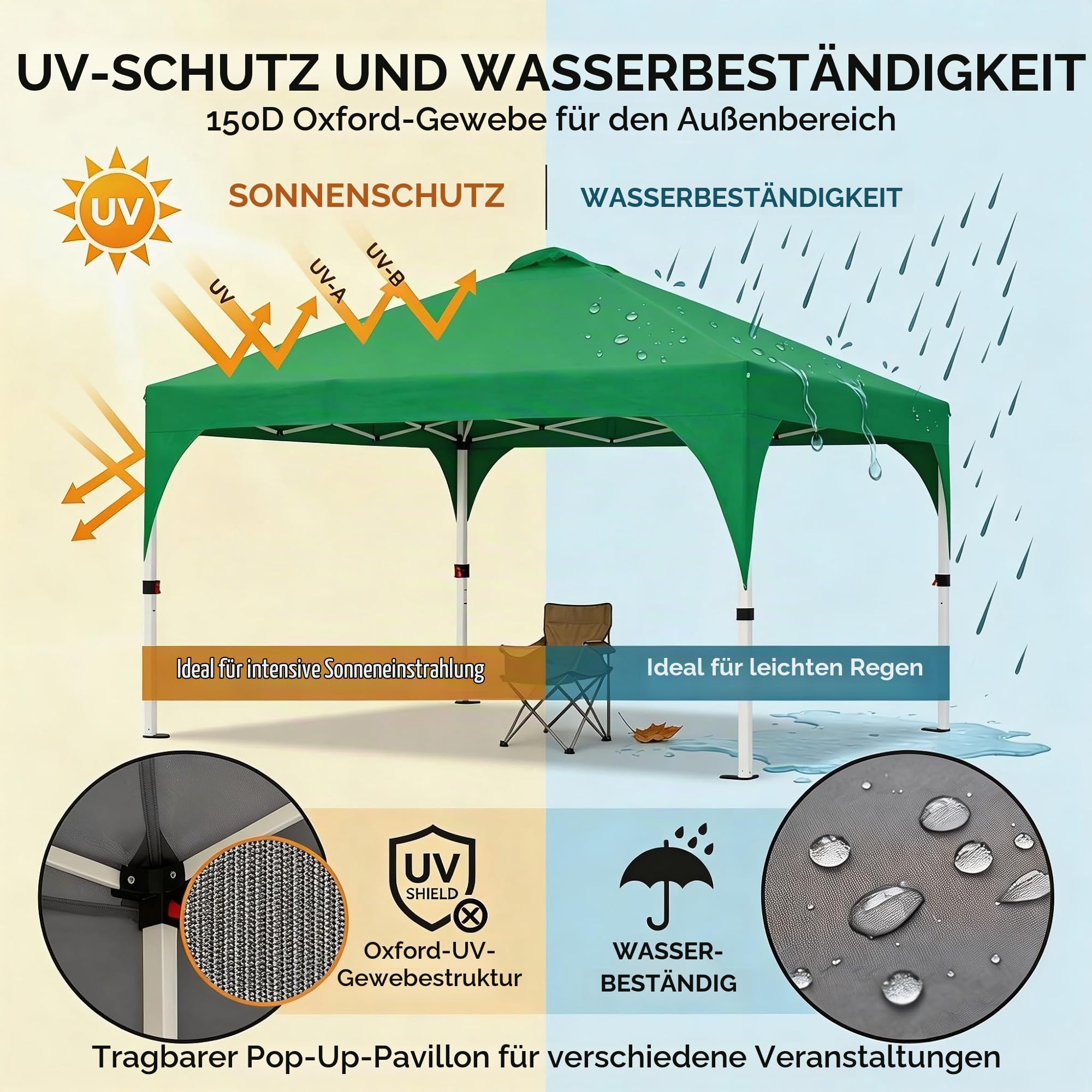 GarveeHome Pop Up Pavillon 3x3m, Wasserdicht Stabil Faltpavillon, Oxford Stoff 150D UV Schutz 50+ Partyzelt für Camping Party, Extremes Wetter Stufenlos Höheverstellbar 260 bis 280cm, Grün