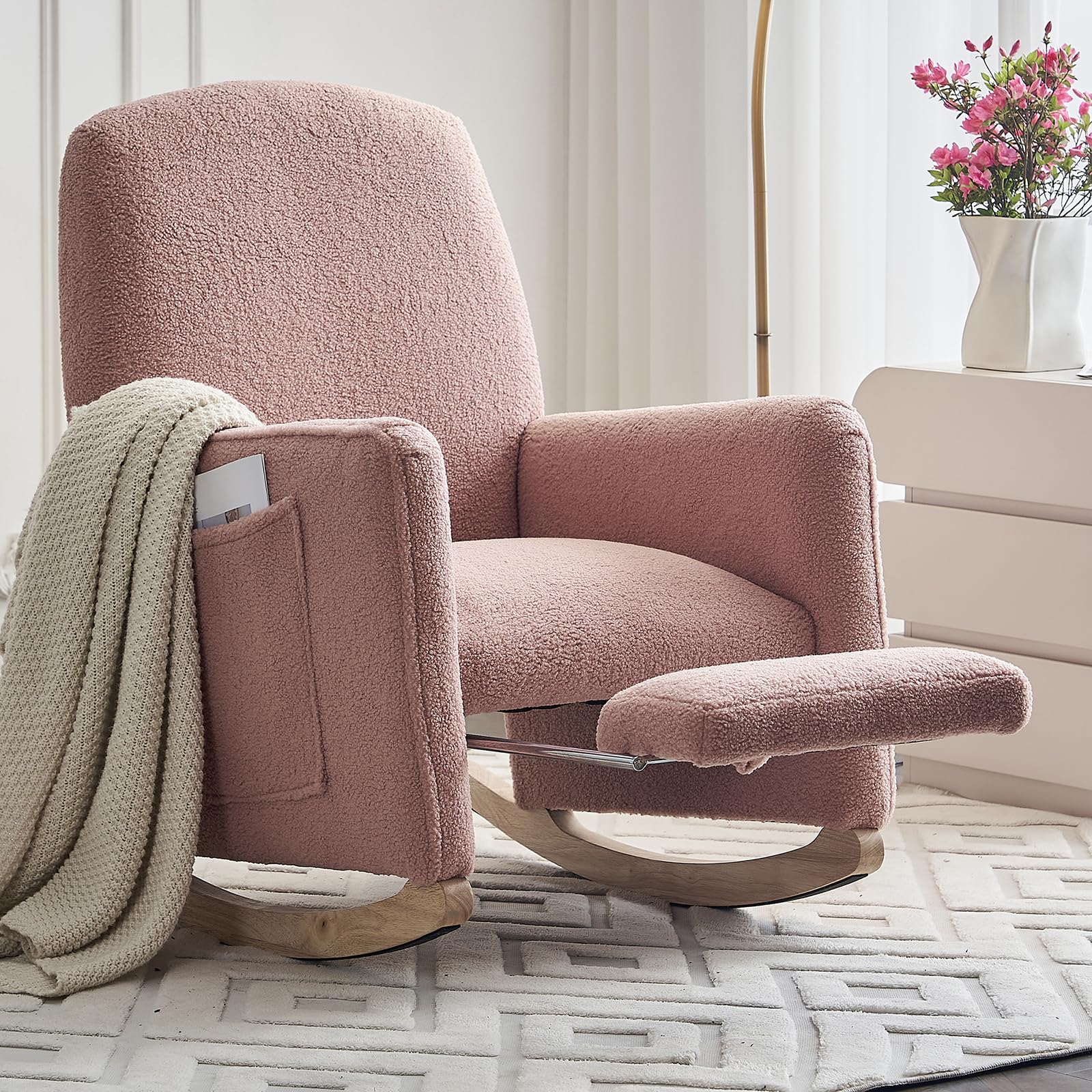 Modern Rocking Chair Nursery, Comfy Glider Nursery Chair with Foot Rest, Upholstered Rocker with Pocket, Accent Reading Armchair with Solid Wood Base for Living Room, Bedroom, Lounge Room (Pink)