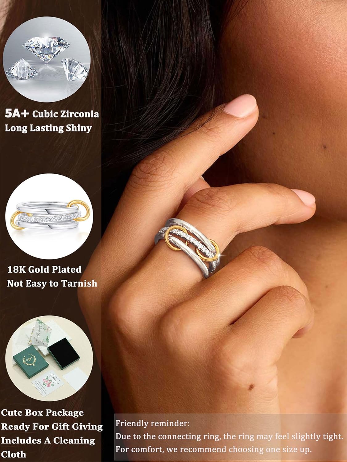 Gold Silver Rings for Women Non Tarnish 18K Gold Plated Stackable Rings Dainty Cubic Zirconia Statement Rings Wedding Band Thumb Ring Mixed Metals Stacking Rings Set Size 5-10 Jewelry Gifts - Image 2