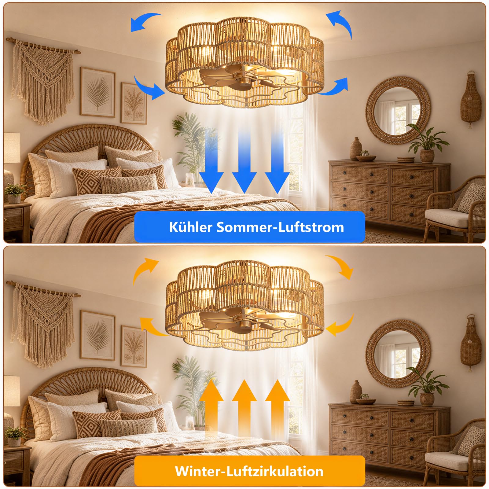 Deckenventilator mit Beleuchtung Boho Blumenform Rattan-Optik Ø47 cm | Fernbedienung, E27, Leise, 6 Geschwindigkeiten, Schlafzimmer Wohnzimmer Esszimmer