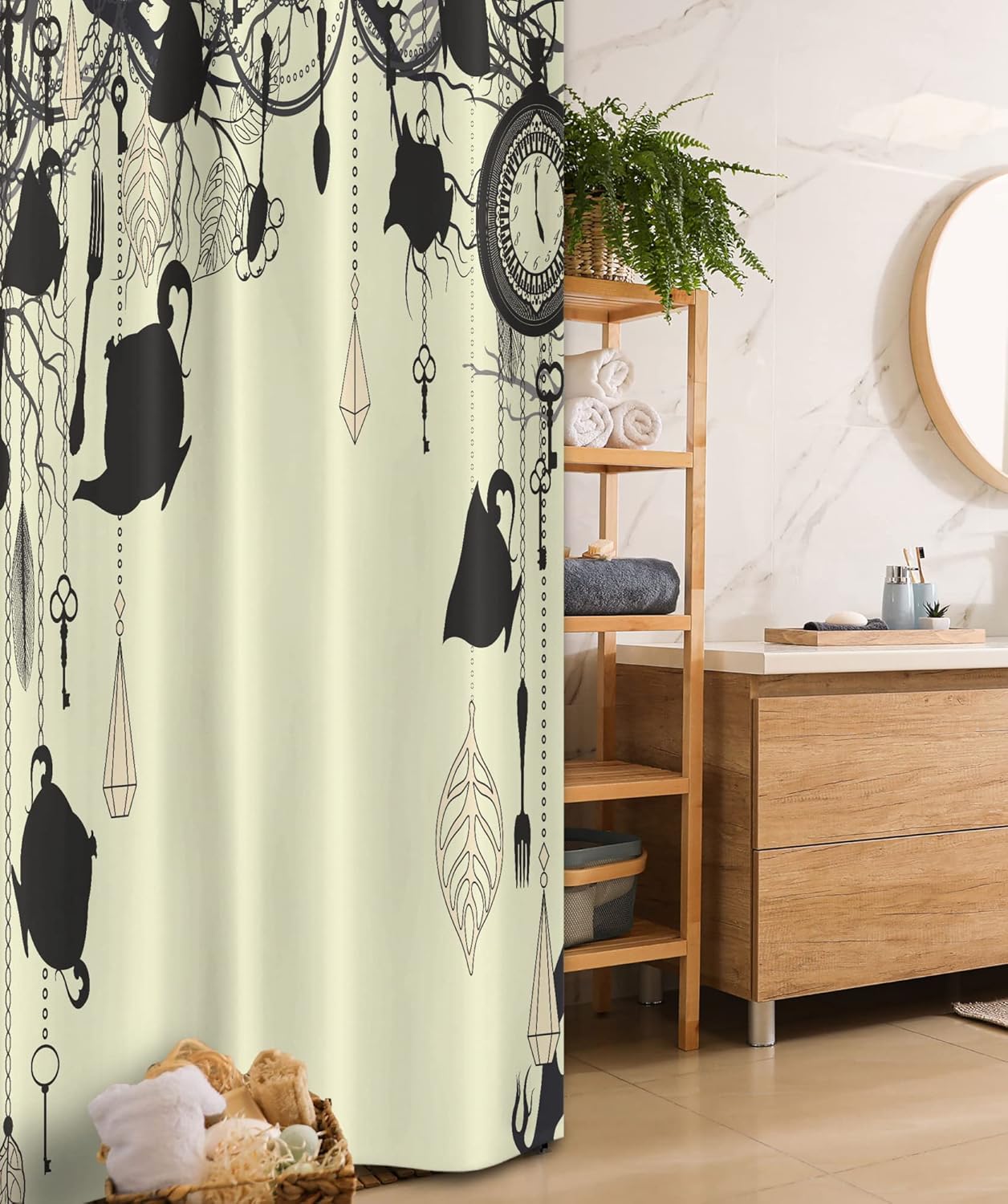 Ambesonne Antique Stall Shower Curtain, Vintage Tea Party Diamond Forks Spoons Cups Leaves Tree Branch Art, Fabric Bathroom Decor Set with Hooks, 36" W x 72" L, Avocado Green