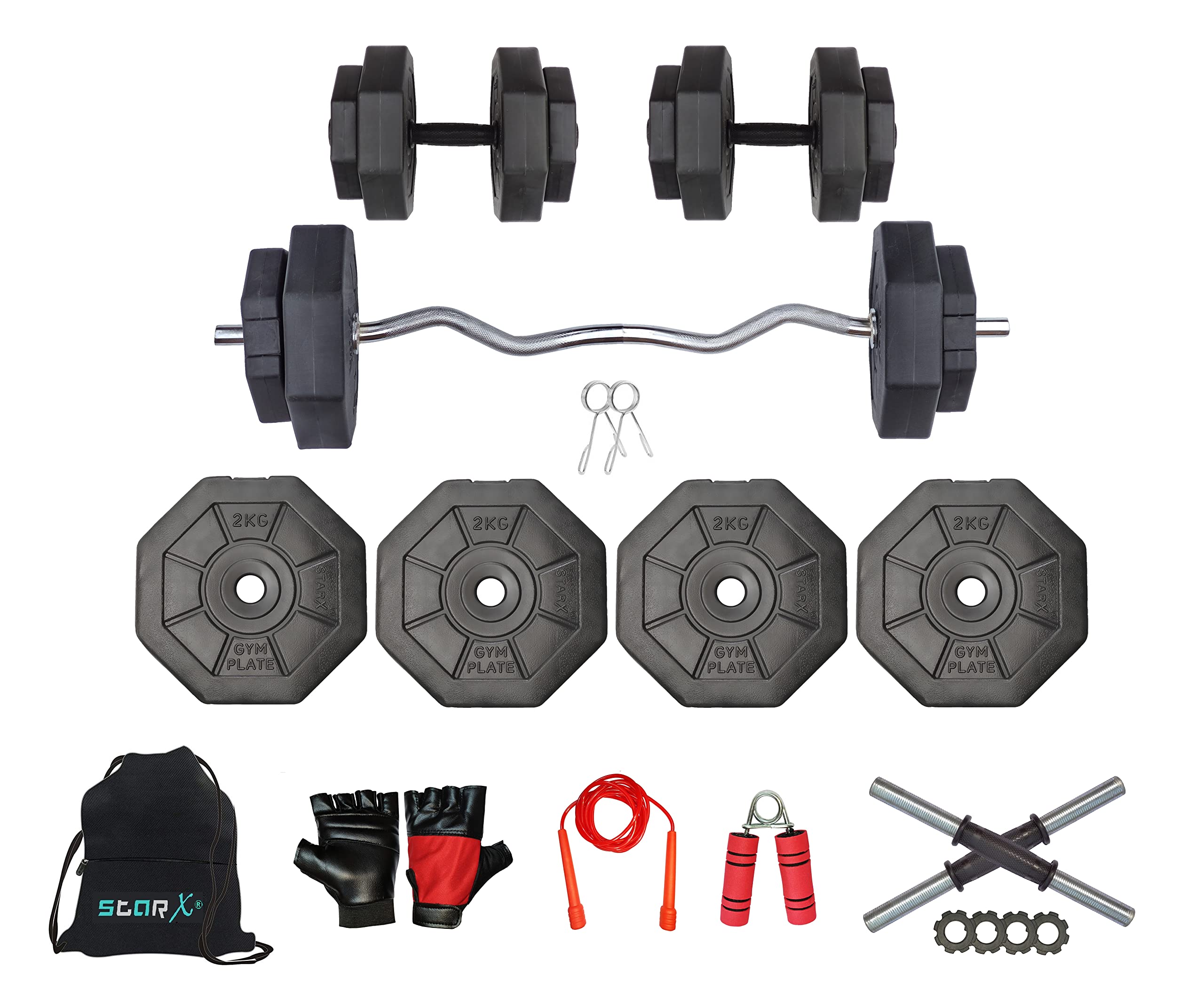StarX Hexa 8KG Home Gym Combo with with 3Ft Curl Rod and Gym Accessories (8KG)