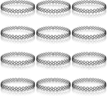 12PCS 90s Tattoo Choker Bracelet Set - Black Stretchy Elastic Vintage Trendy Y2K Fashion Jewelry, Adjustable Retro Gothic Grunge Aesthetic Accessories for Women