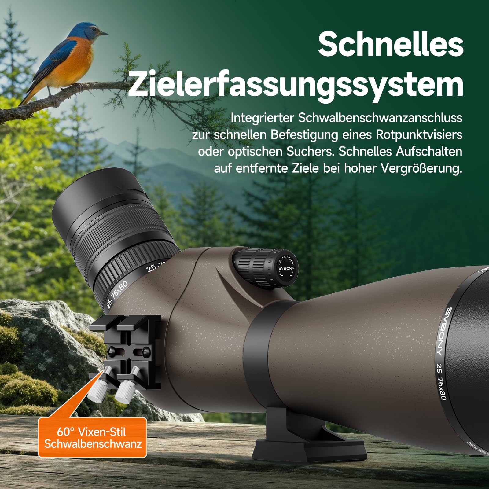 Svbony SV29 25-75x80mm Cannocchiale con attacco a coda di rondine e Treppiede, ampio campo visivo, prisma di Porro FMC, con adattatore per smartphone per tiro al bersaglio, birdwatching e osservazione
