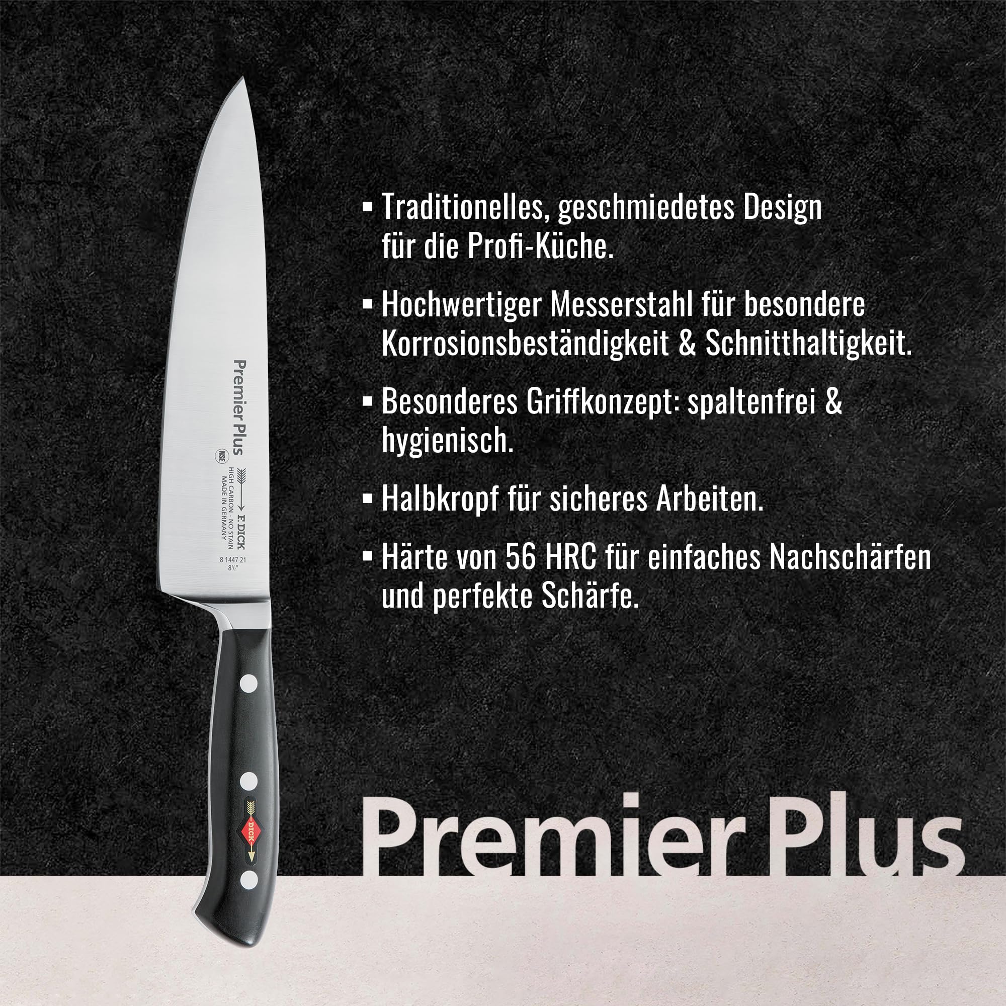F. Dick Kochmesser, Küchenmesser, Premier Plus (Messer mit Klinge 21 cm, X50CrMoV15 Stahl, nichtrostend, 56° HRC) 8144721 | 0CrMoV15 Stahl, nichtrostend, 56° HRC) 8144721