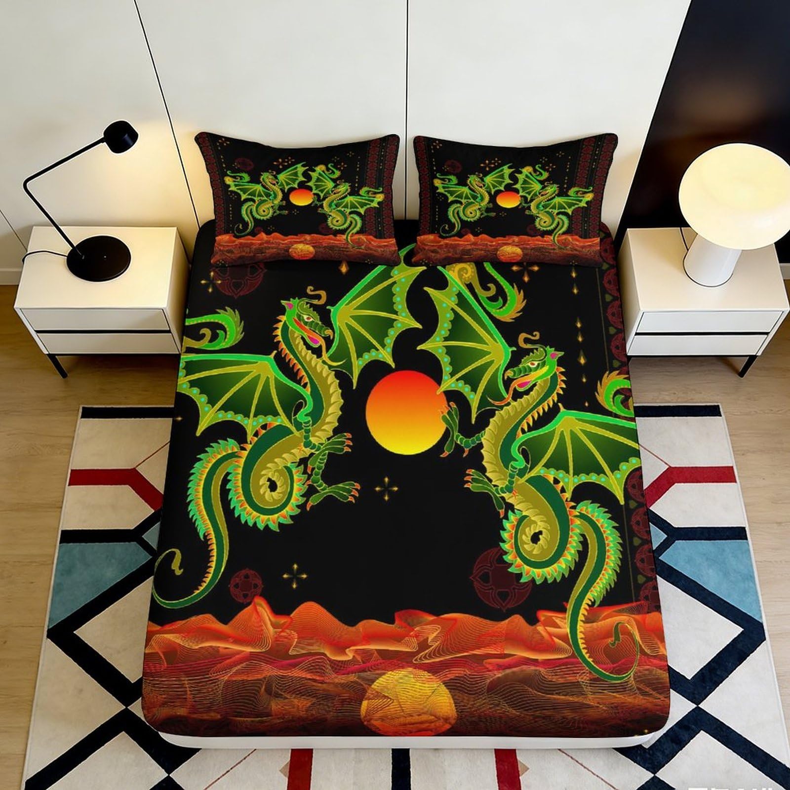 3D Printed Green Dragon Fitted Sheet Microfiber Soft Breathable Sunset Bed Cover for Bedroom Dorm Artistic Decor 90x200x25cm