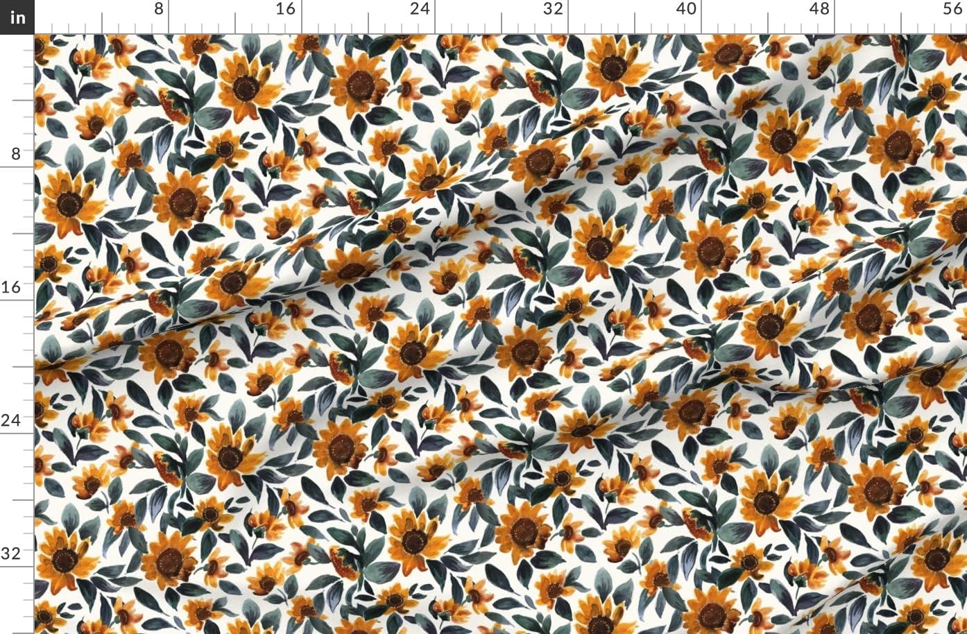 Spoonflower Fabric - Sunset Sunflowers Teal Leaves Flower Yellow Floral Gold Summer Daisy Printed on Organic Cotton Sateen Fabric by The Yard - Sewing Quilting Apparel Home Decor