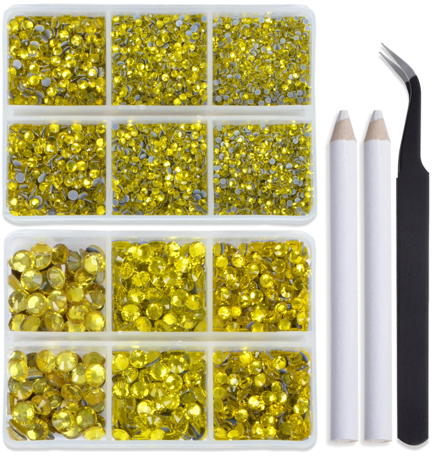 Bymitel Hotfix Crystal Rhinestones Round Gems for Crafts,Mixed 6 Sizes with Wax Pencil Kit, Citrine 1.6-6.3mm SS4-SS30/8000pcs