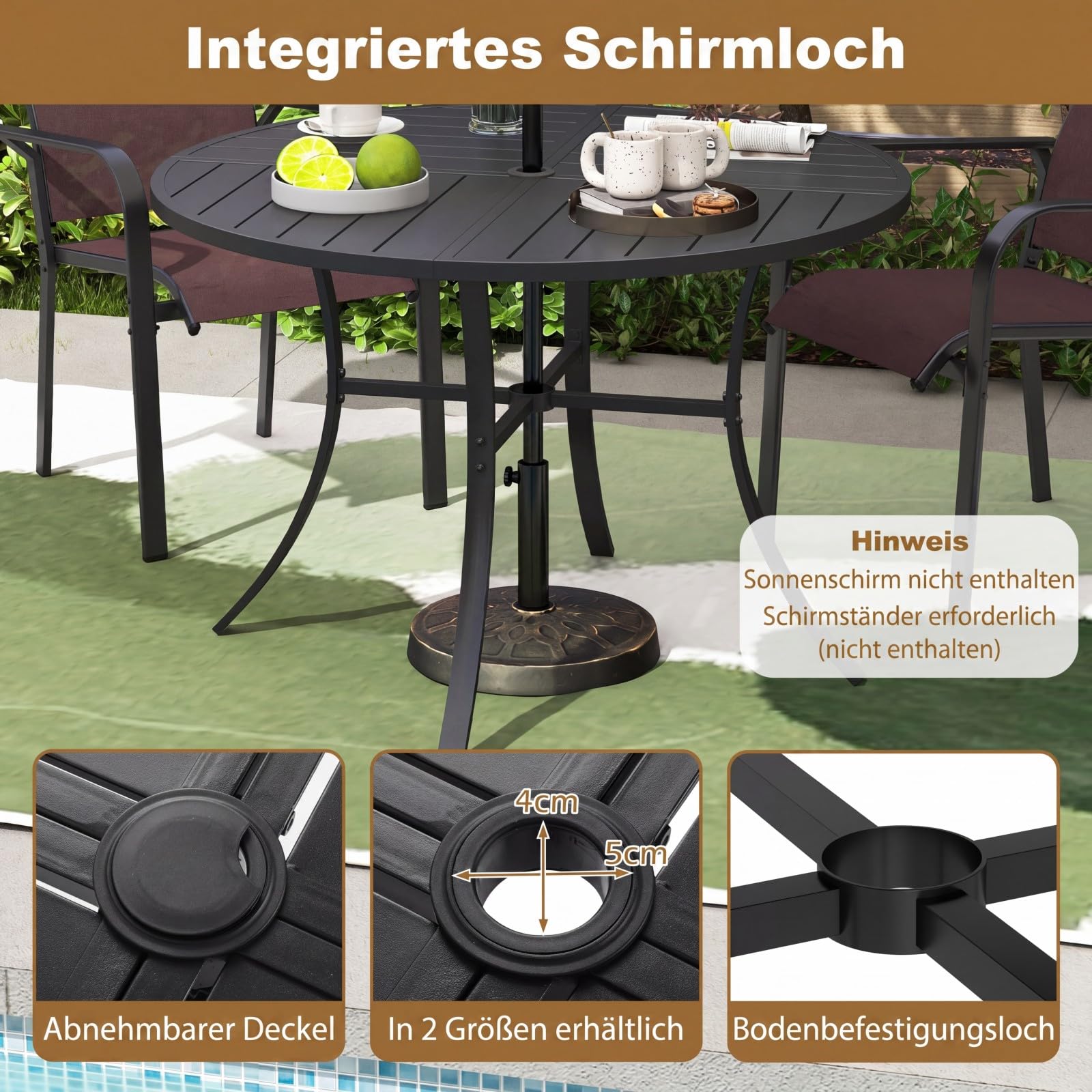 COSTWAY Gartentisch Metall, 108x108cm, wetterfester Terrassentisch mit Schirmloch, runder Balkontisch für 4 Personen, Outdoor-Esstisch für Garten, Terrasse, Balkon, Schwarz