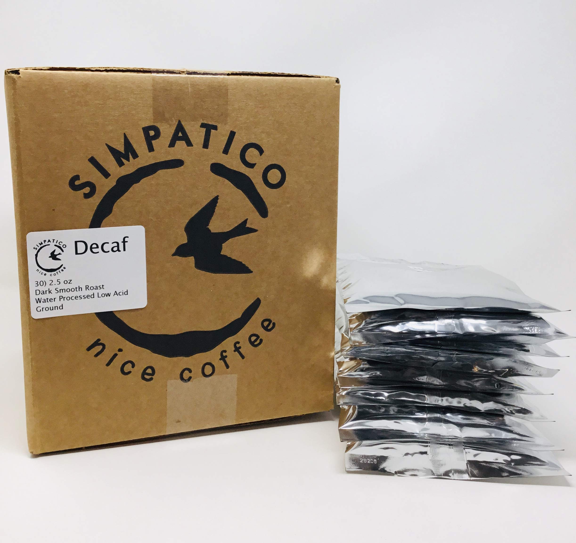 Simpatico Low Acid Coffee - Case of 30 - 2.5 oz DECAF Dark Roast Fractional Packs Water Processed