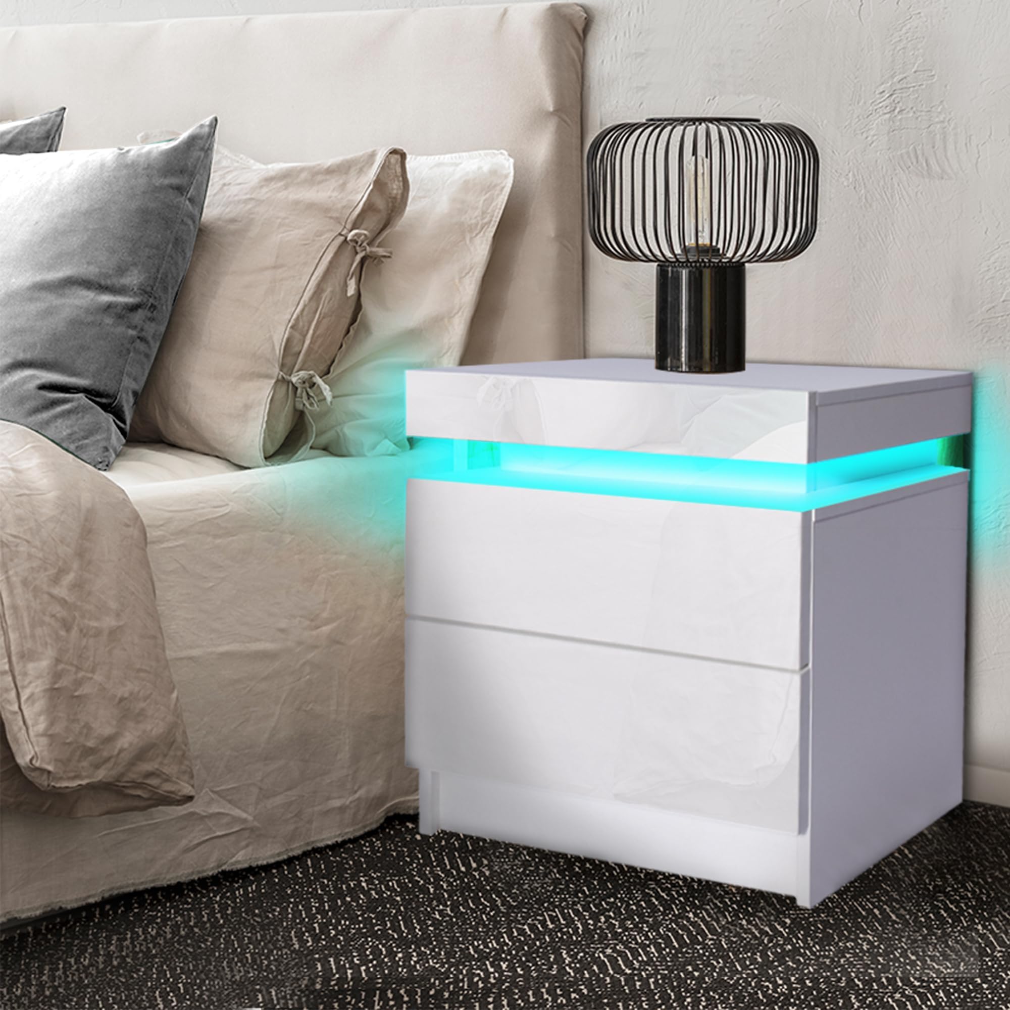 Levede Bedside Table with 2 Drawers & LED Lights, Modern Nightstand with Storage Cabinet, Stylish Side Table for Bedroom, Living Room, Office (45 x 35 x 52cm) (White)