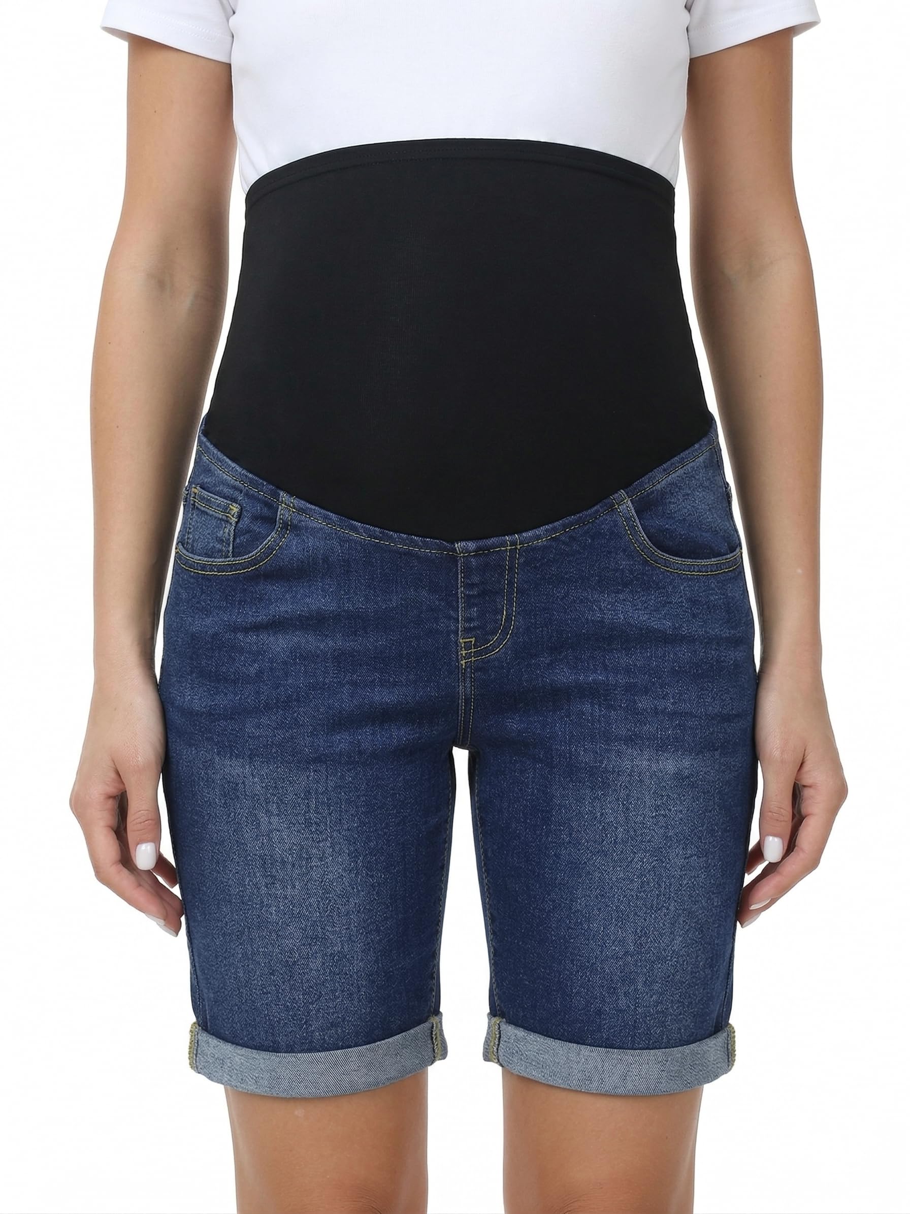 Gowjog Pantalones vaqueros cortos de maternidad, pantalones vaqueros por encima del abdomen, dobladillo doblado, pantalones cortos de maternidad - 4