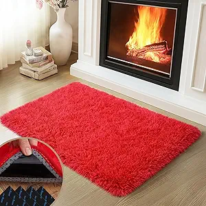 Red Rugs for Bedroom, 2x3 Fluffy Area Rugs for Living Room, Soft Shag Kids Rug Small Carpet with 4 Non-Slip Rug Pads (Red, 2ft x 3ft)