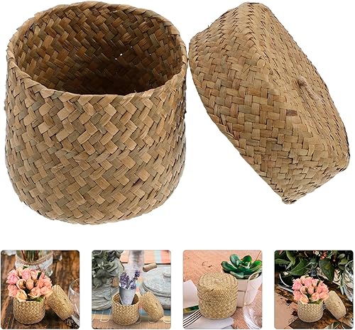 Miniatura 7 de STOBAZA Cesta pequeña de mimbre con tapa, cesta de flores tejida a mano, cesta de almacenamiento de hierba marina, mini caja de embalaje de regalo