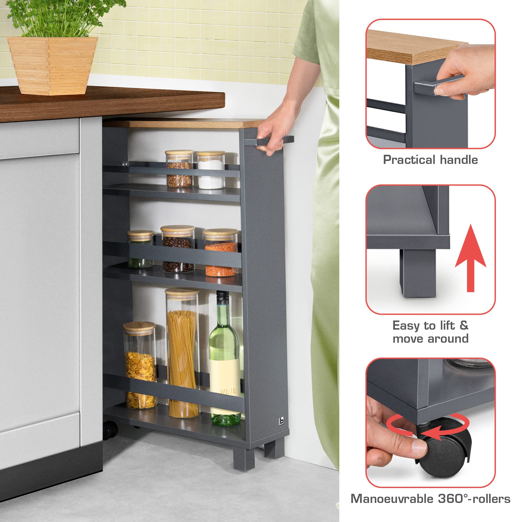 bomoe Carrello da Cucina Antracite Quercia Hylla - scaffale da Cucina 50x79x15 cm - Carrello con Ruote, 3 ripiani e piano lavoro in legno FSC® - Carrello da portata - mobile da Cucina e da Bagno