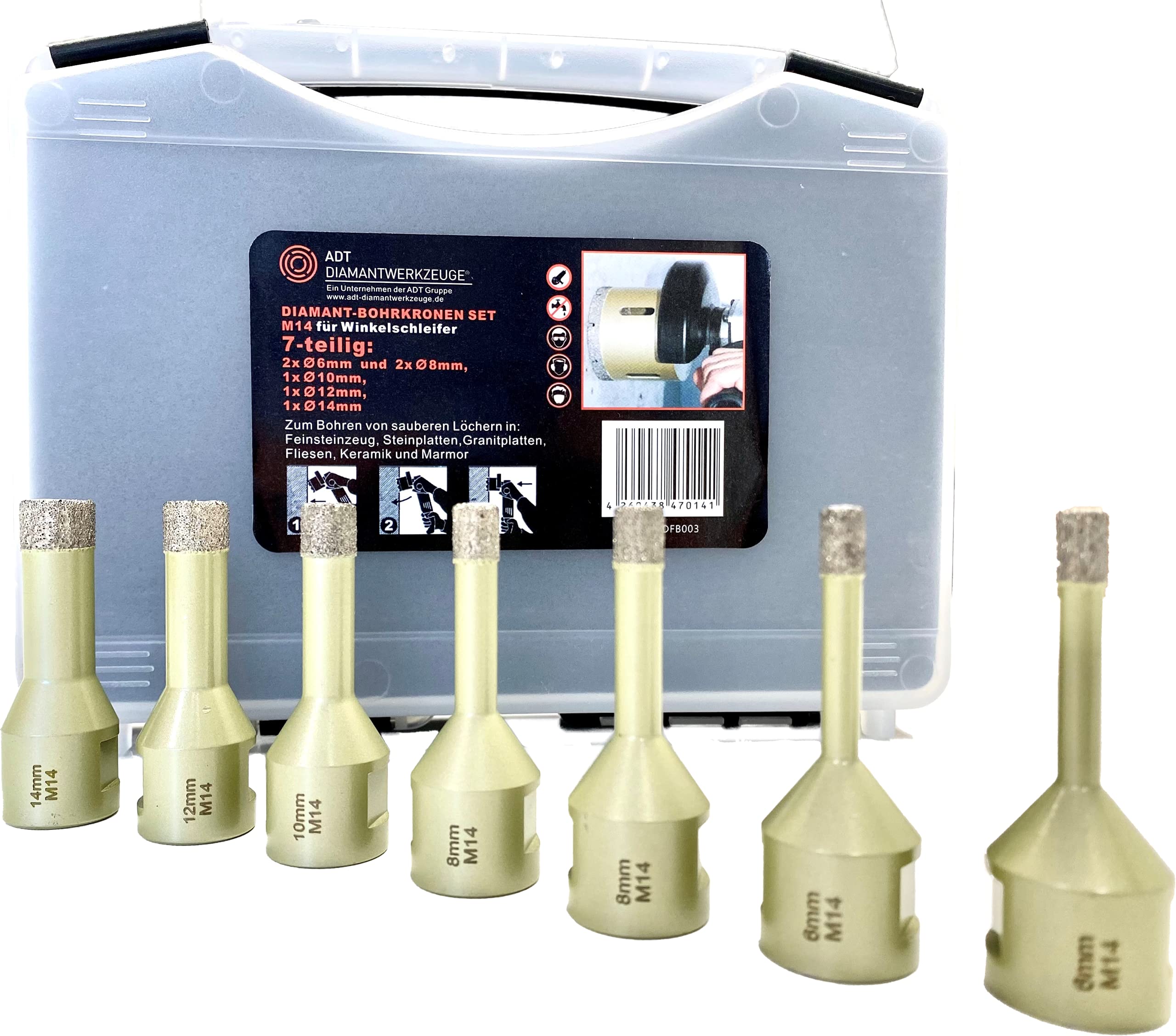 ADT Drill Bits 7-Piece Set M14 for Granite, Tiles and Stoneware in Carry Case