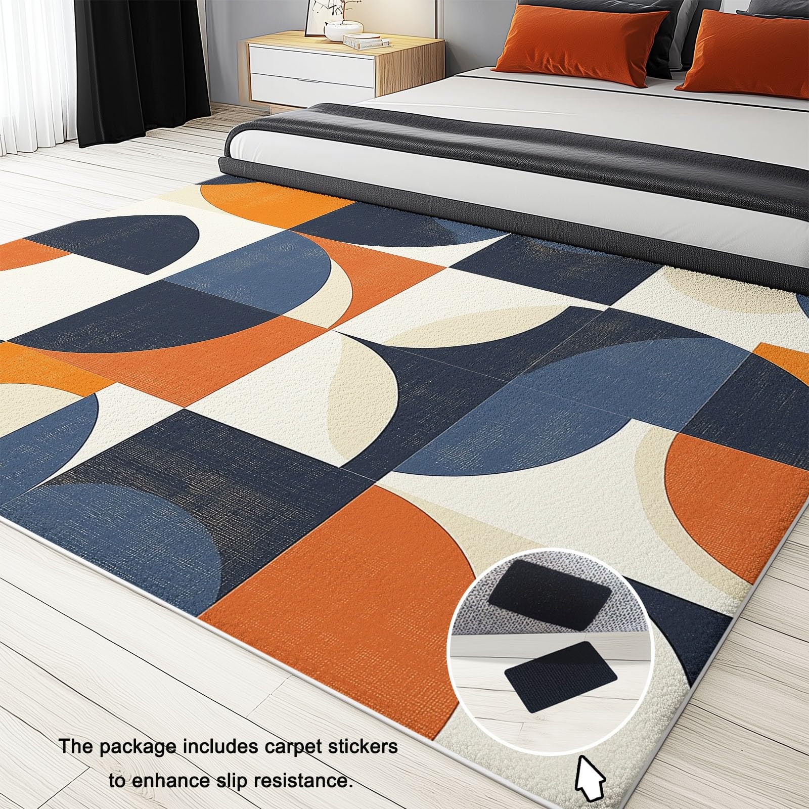 Tapis Salon Chambre Adulte Poil, Tapis à Poils Courts et denses Motif Géométrie Vintage Cercles, Tapis Lavable en Machine Antidérapant Bleu Orange, 60 x 110 cm