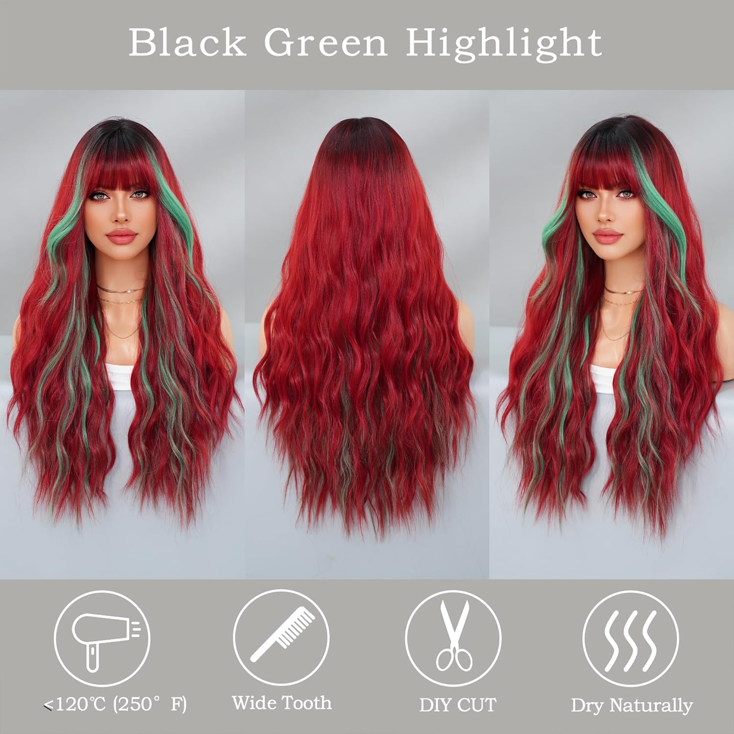 Long Red Wig with Bangs for Women 28 Inch Wavy Curly Synthetic Heat Resistant Fiber Hair Wig Wine Burgundy Daily Party Halloween Christmas Cosplay Wig - Image 3