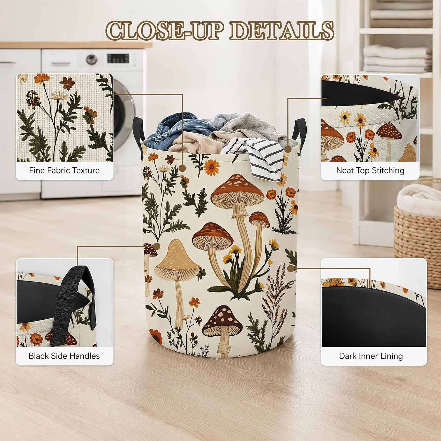 Mushroom Flower Laundry Basket, Foldable Oxford Cloth Botanical Garden Laundry Hamper with Handles, Tote Bag Clothes Storage Bucket for Laundry Room/Bathroom/Bedroom/Dormitories 20.8"x16" image 4