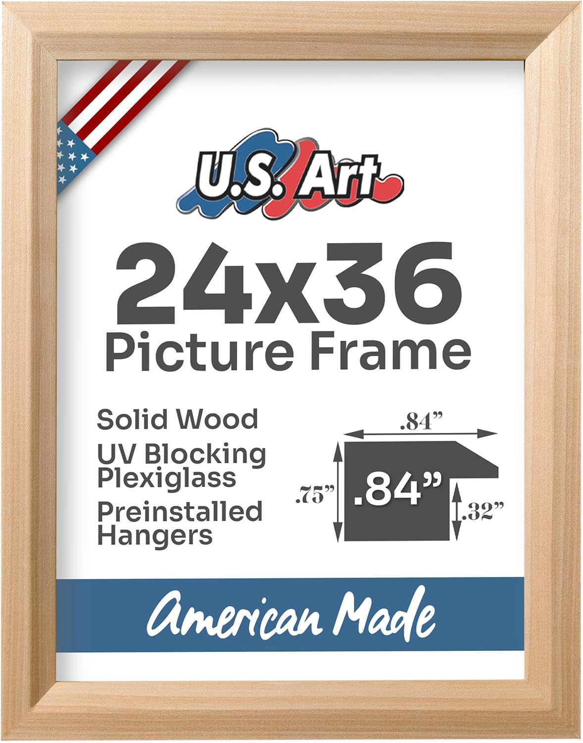 Unfinished Raw Wood 24x36 Picture Frame Beveled .84" Inch Wide - Unfinished Raw Wood Wall Decor Handmade Solid Wood Frames with Preinstalled Hangers and UV Blocking Plexiglass 36x24 Frame