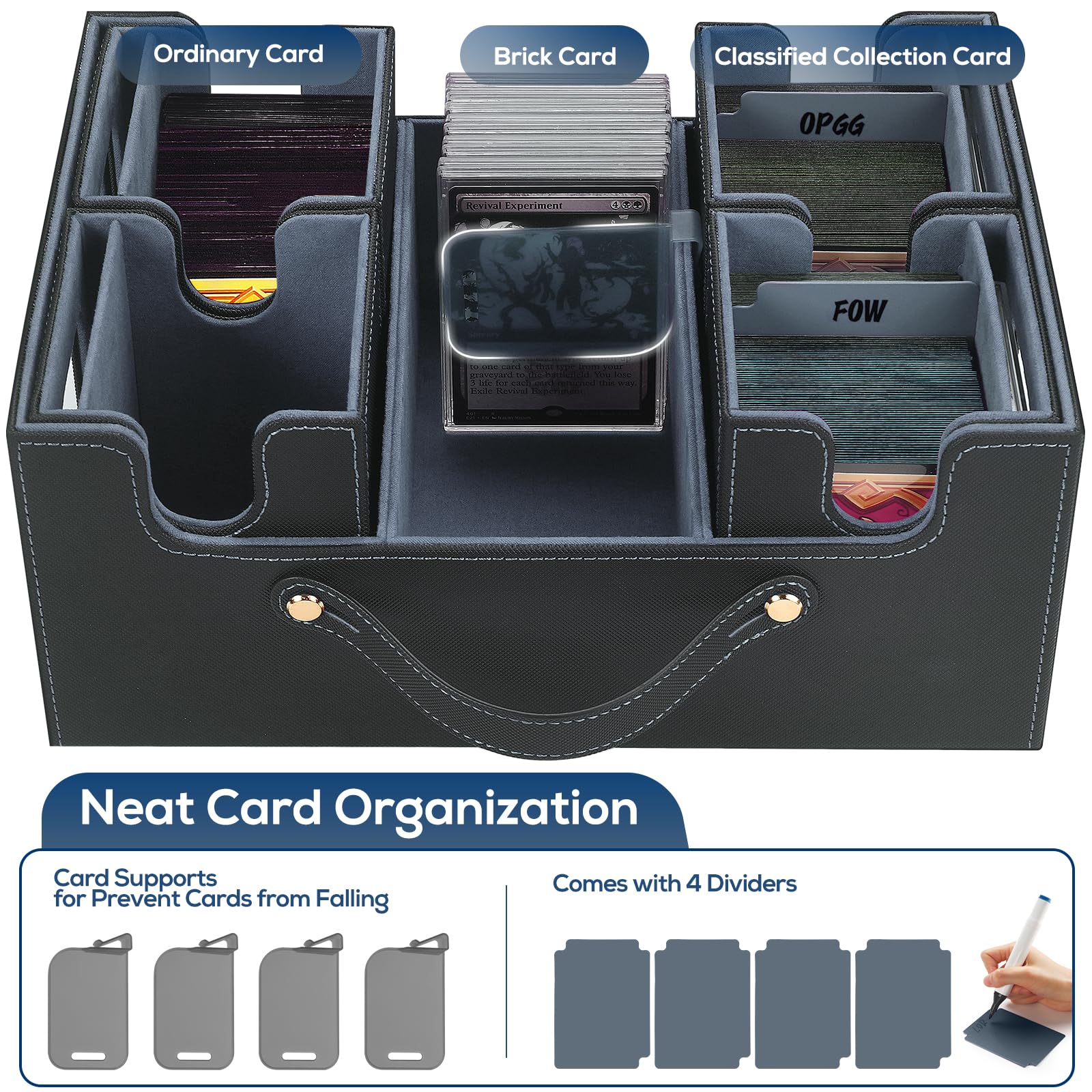 Boîte de Rangement de Cartes avec Poignée, Boîte pour Deck Commander pour MTG & TCG, Boîte de Rangement de Cartes à Échanger avec 4 Toploader, 4 Stoppeurs, 4 Séparateurs Colorés. (Noir & Gris)