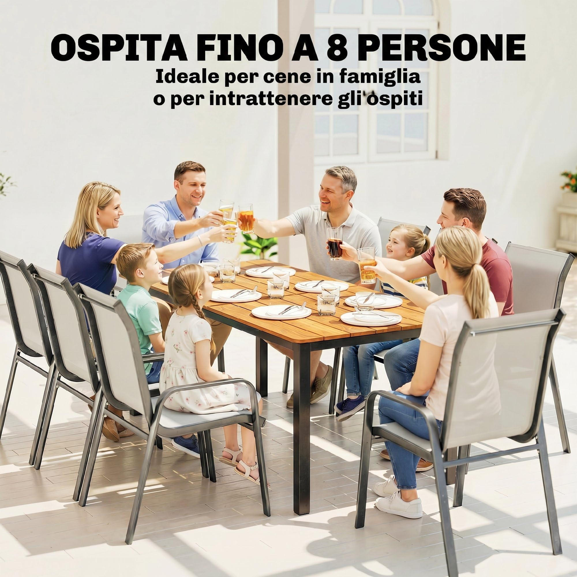 Outsunny Tavolo da Giardino per 6-8 Persone 180x86x74 cm, Tavolo da Pranzo Esterno Rettangolare con Piano a Doghe in Legno di Larice, Struttura in Acciaio per Patio Terrazzo Balcone, Color Teak