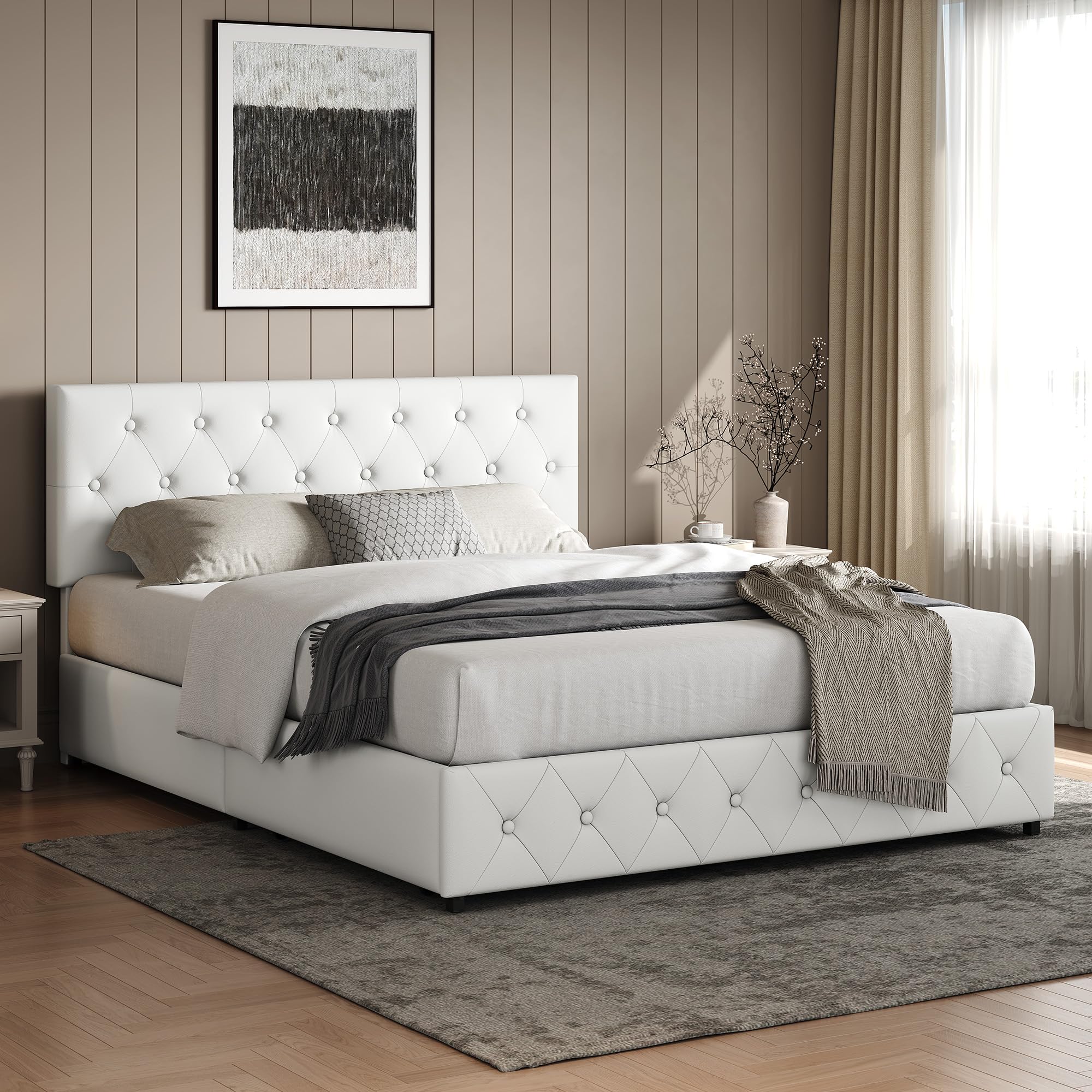 Yaheetech Letto Imbottito Matrimoniale 2 Cassetti (Bianco, 160 x 200 cm) | Letto Contenitore Doghe Legno Testiera Regolabile Camera da Letto Moderno