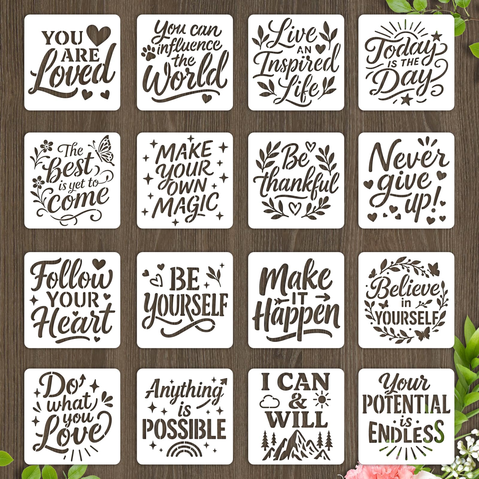 beinkmake 16Pcs Motivational Quotes Stencil for Painting PET Templates Positive Inlay Border Stencils for Furniture Reusable DIY Craft Wall Wood Fabric Canvas Paper Home Decor