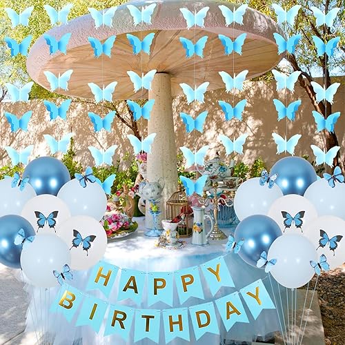 Miniatura 4 de Decoraciones de cumpleaños de mariposa azul para niña, 40 unidades, pancarta de feliz cumpleaños, guirnaldas colgantes de mariposas, decoración de