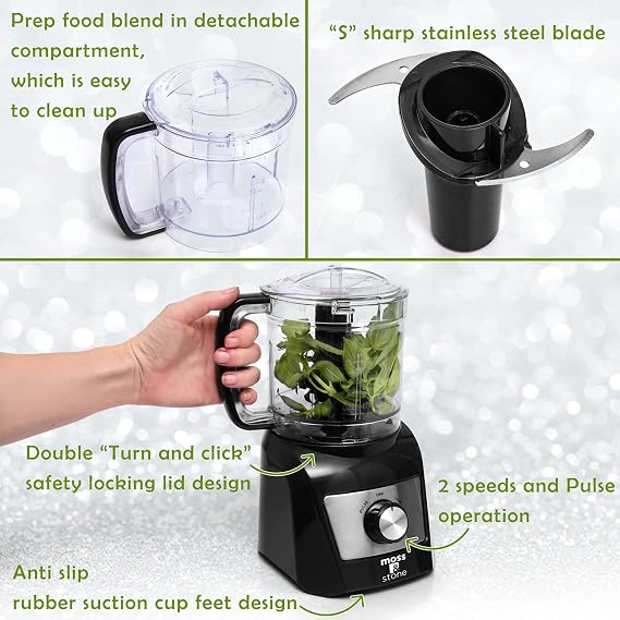 Moss & Stone 3 Cup Mini Food Processor, Strong Vegetable Chopper for Dicing, Chopping, Mincing, Puree 300 Watts Mini Chopper With 2 Speeds, Perfect Baby Food Processor Black
