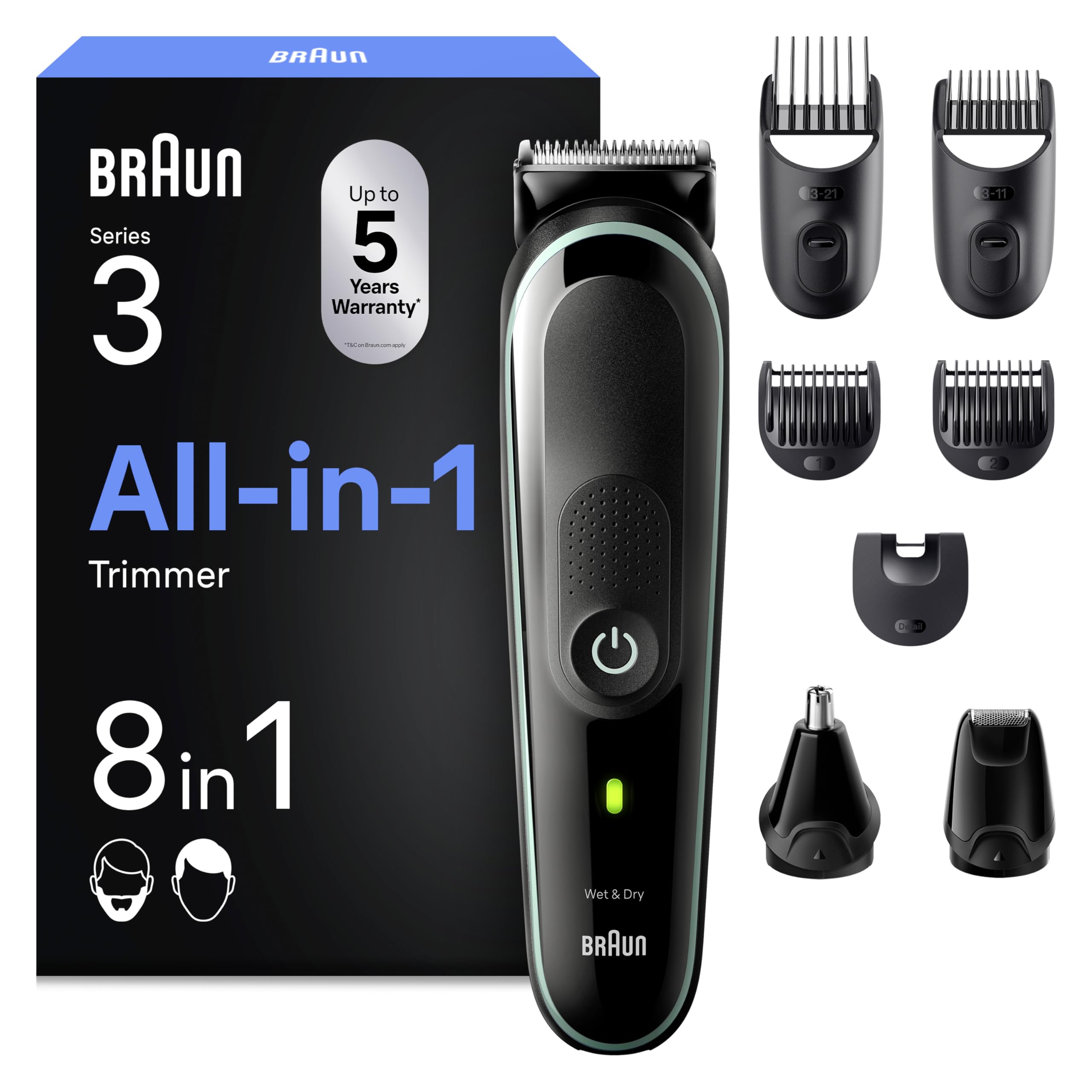 Braun Recortadora de Barba Series 3, Máquina Cortar Pelo, Máquina de Afeitar, Cortapelos Hombre Kit 8 en 1 para Barba, Pelos Y Mucho Más, MGK3441