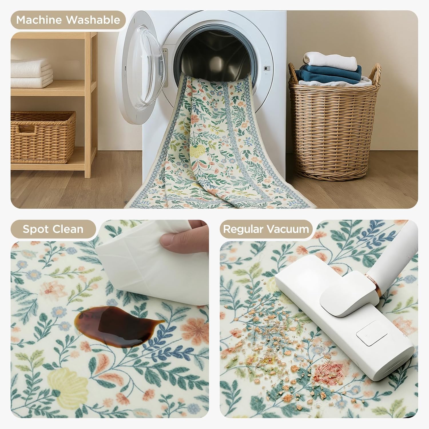 Joydeco Boho Floral Machine Washable Round Rugs 5ft, Beige Flower Circle Girls Bedroom Nursery Area Rug Non Slip, Circular Indoor Carpet for Kids Playroom Living Dining Room Classroom