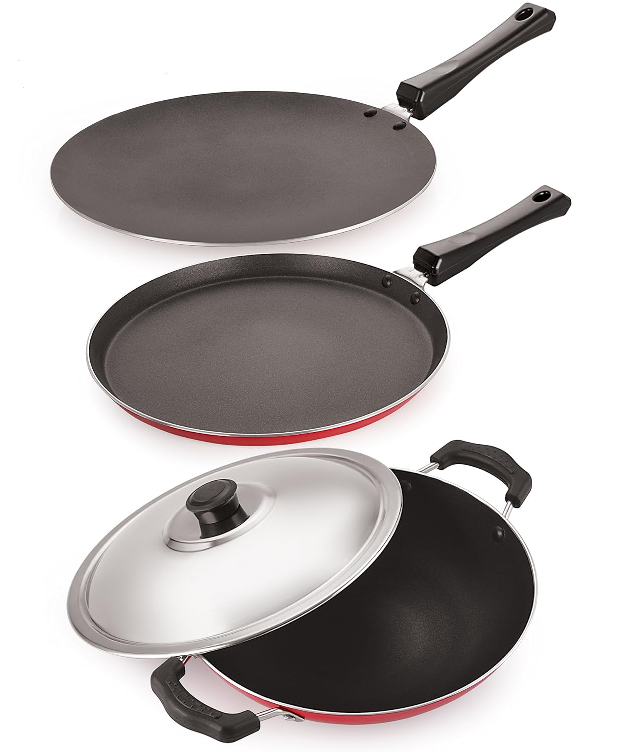 NIRLON Non-Stick Cookware Set (Dosa Tawa, Roti Chappati Tawa, Appachatti) Pans and Tawas, Pots – Kitchen & Dining Red & Black Combo Offer 3 Piece. NIRLON Non-Stick Cookware Set (Dosa Tawa, Roti Chappati Tawa, Appachatti) Pans and Tawas, Pots – Kitchen & Dining Red & Black Combo Offer 3 Piece.